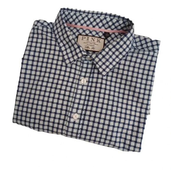 Thomas Pink Slim Fit Casual Blue & White Dress  Shirt Size Large - Picture 4 of 10